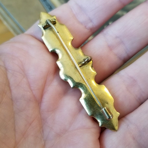 Antique brooch taille d'epargne bar pin gold tone Victorian - Picture 6 of 14